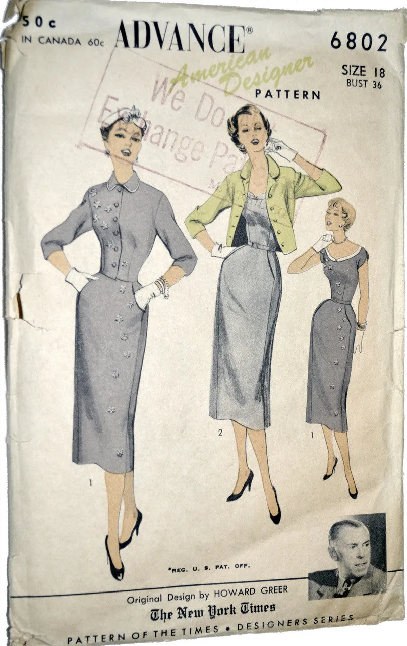 Advance 6802 Vintage Sewing Pattern Howard Greer Dress 36B