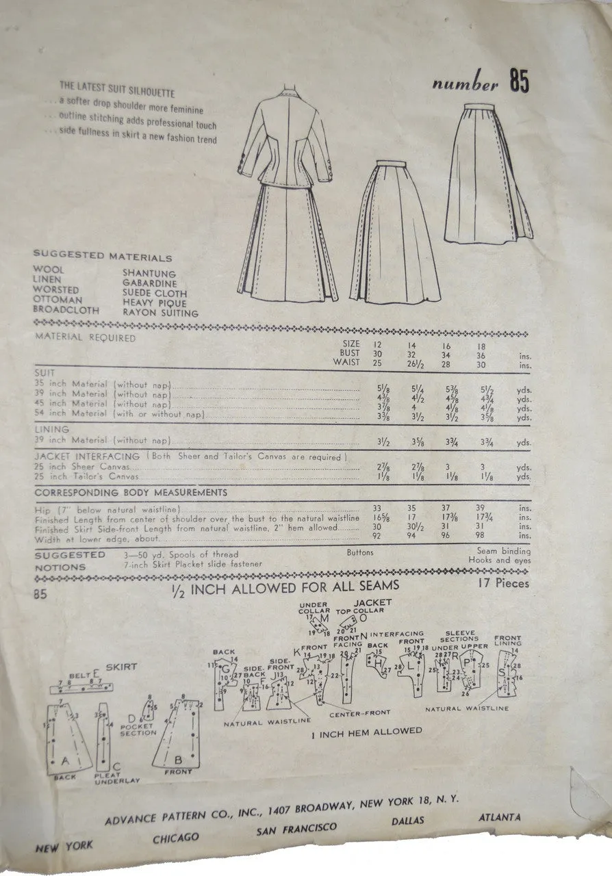 Advance Import Adaptation Vintage Sewing Pattern #85 1950s Suit 32B