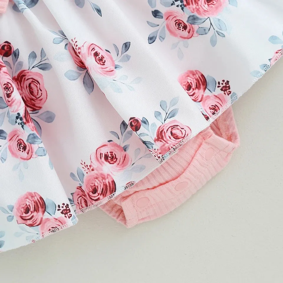 Baby Girl Floral Printed Pink Romper Dress With Head Band