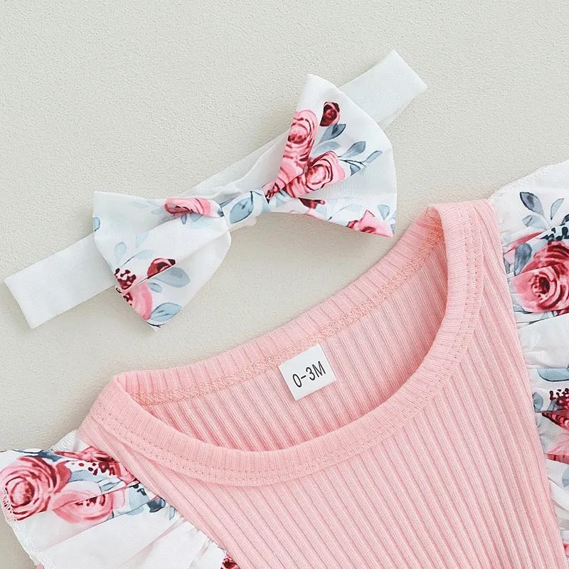Baby Girl Floral Printed Pink Romper Dress With Head Band