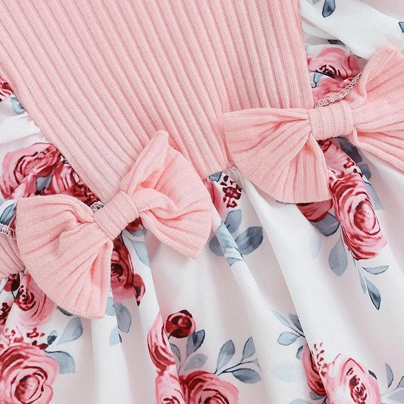 Baby Girl Floral Printed Pink Romper Dress With Head Band