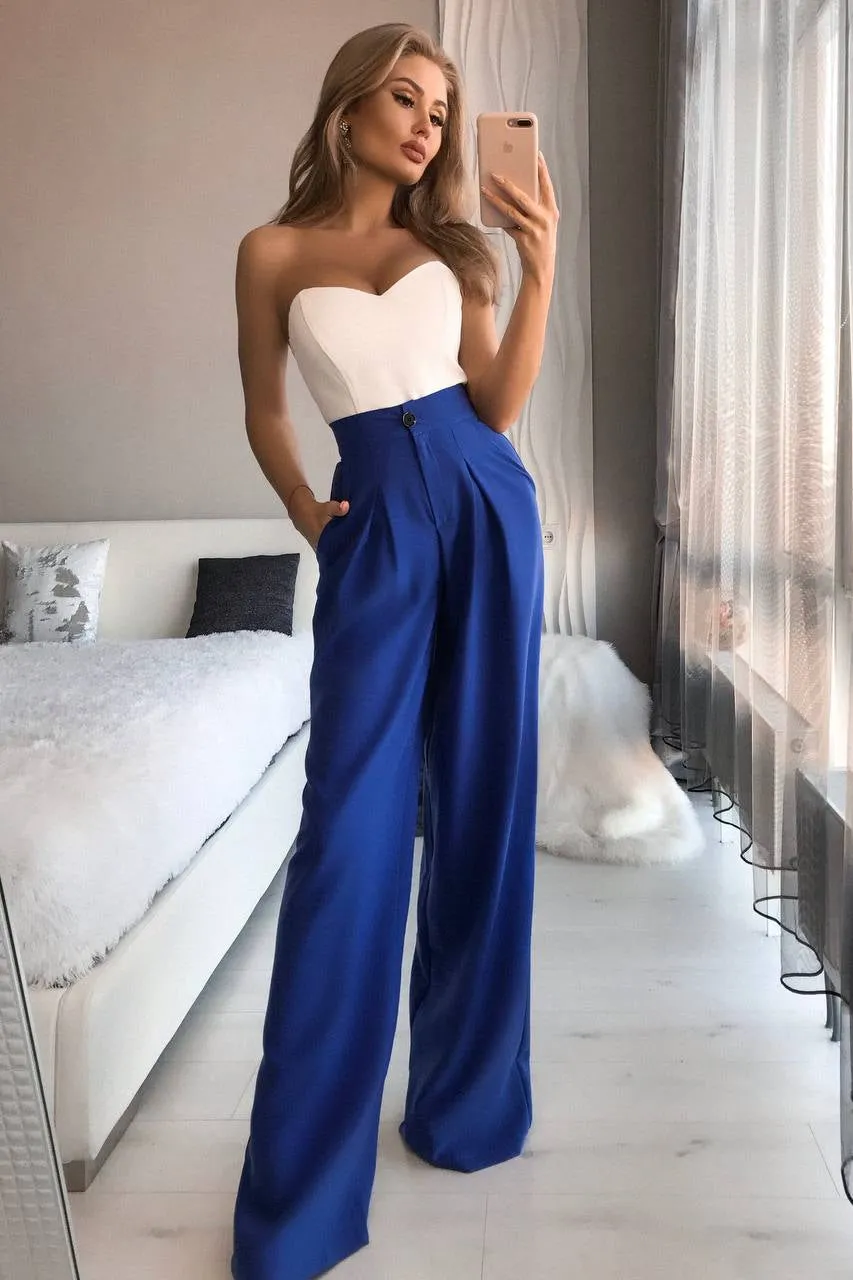 Blue High Waist Fitted Palazzo Pants