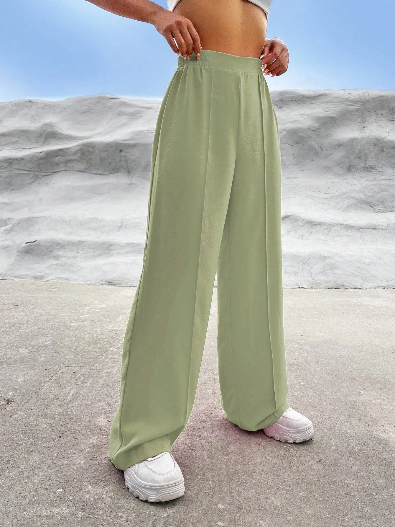 EZwear Solid High Waist Straight Leg Pants