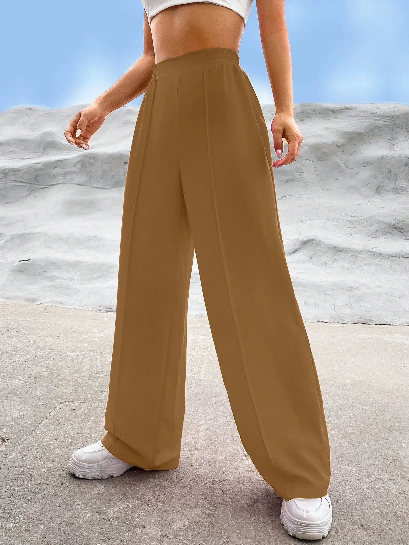 EZwear Solid High Waist Straight Leg Pants