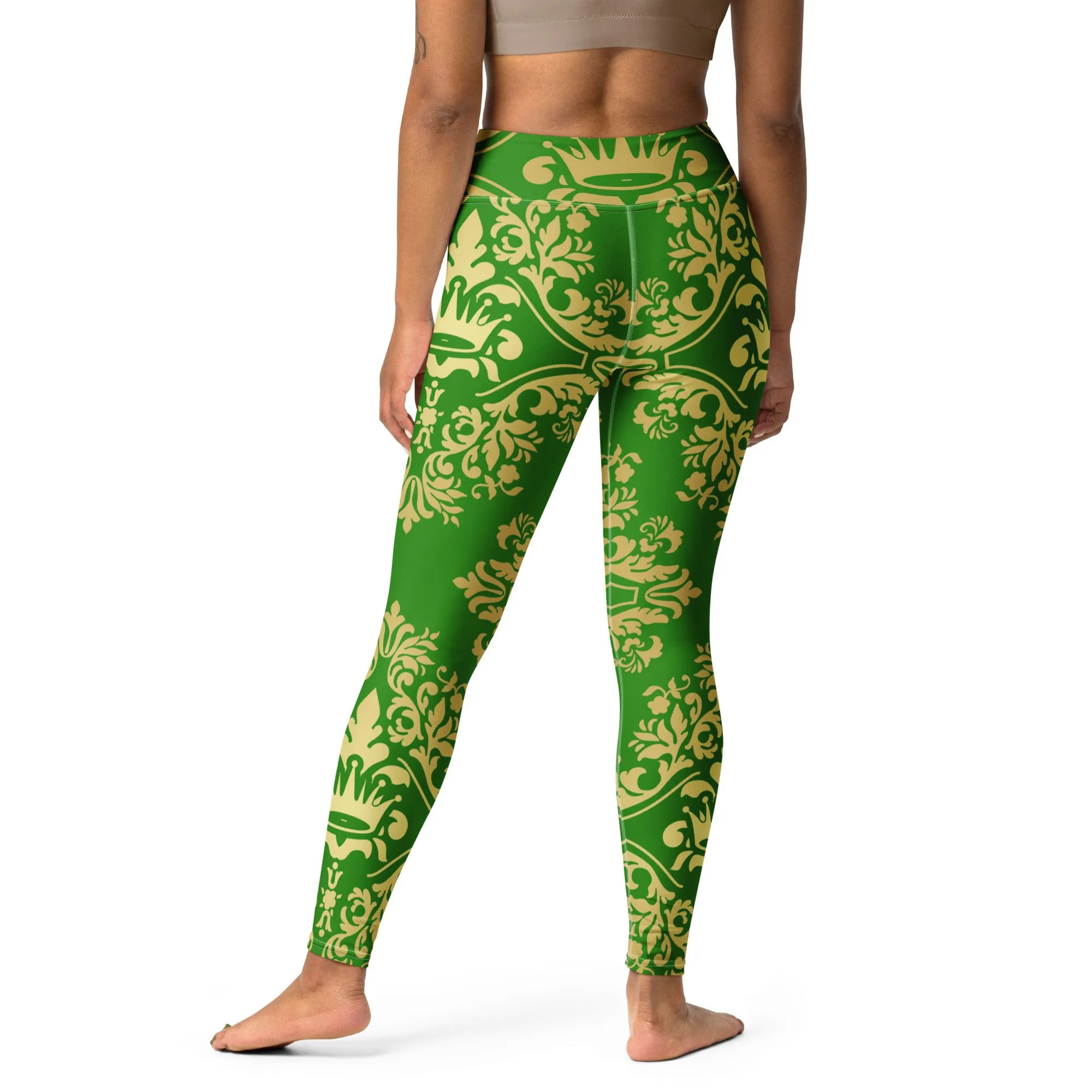 Gold and Green Crown Design Yoga Leggings, lioness-love