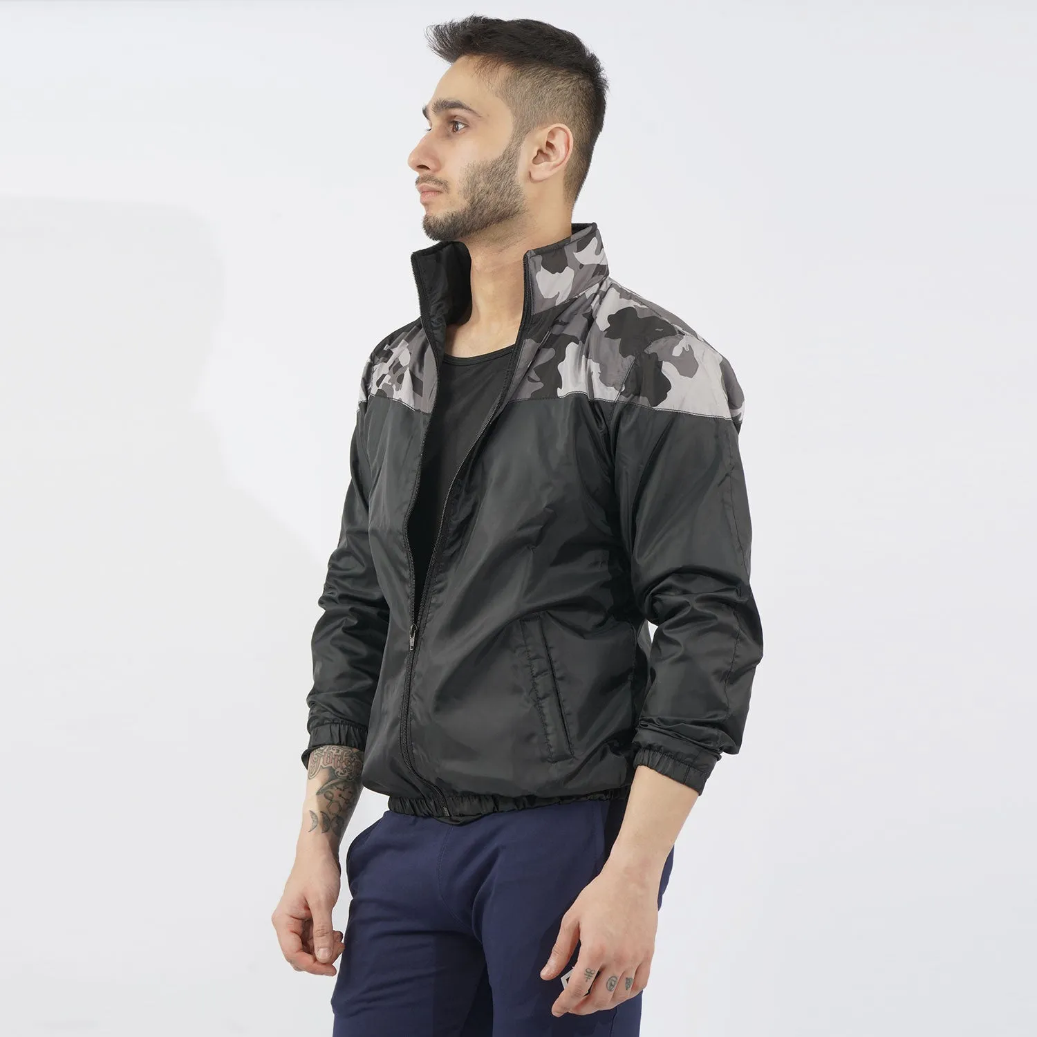 Grey Camouflage Panel Performance Mock Neck Zipper
