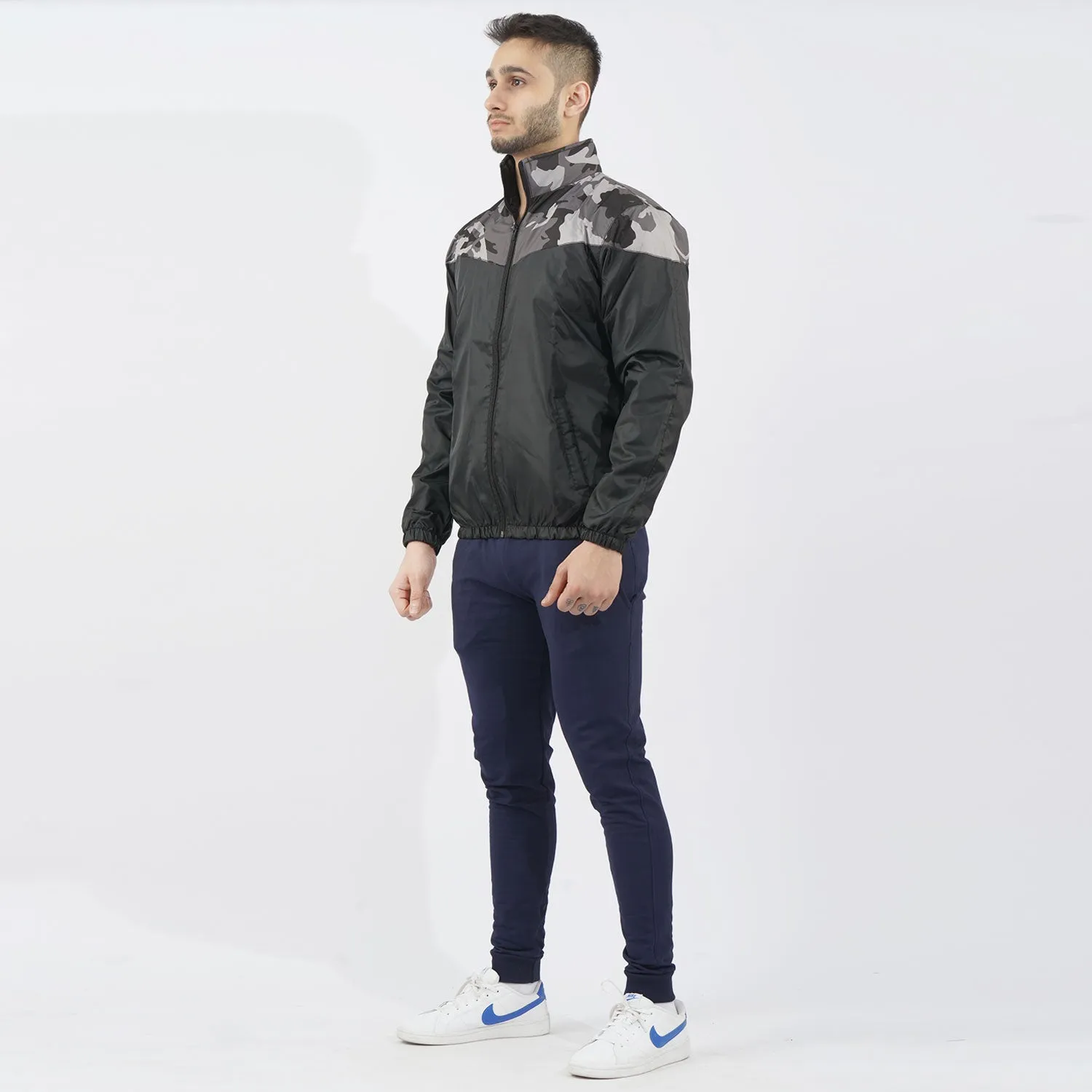 Grey Camouflage Panel Performance Mock Neck Zipper