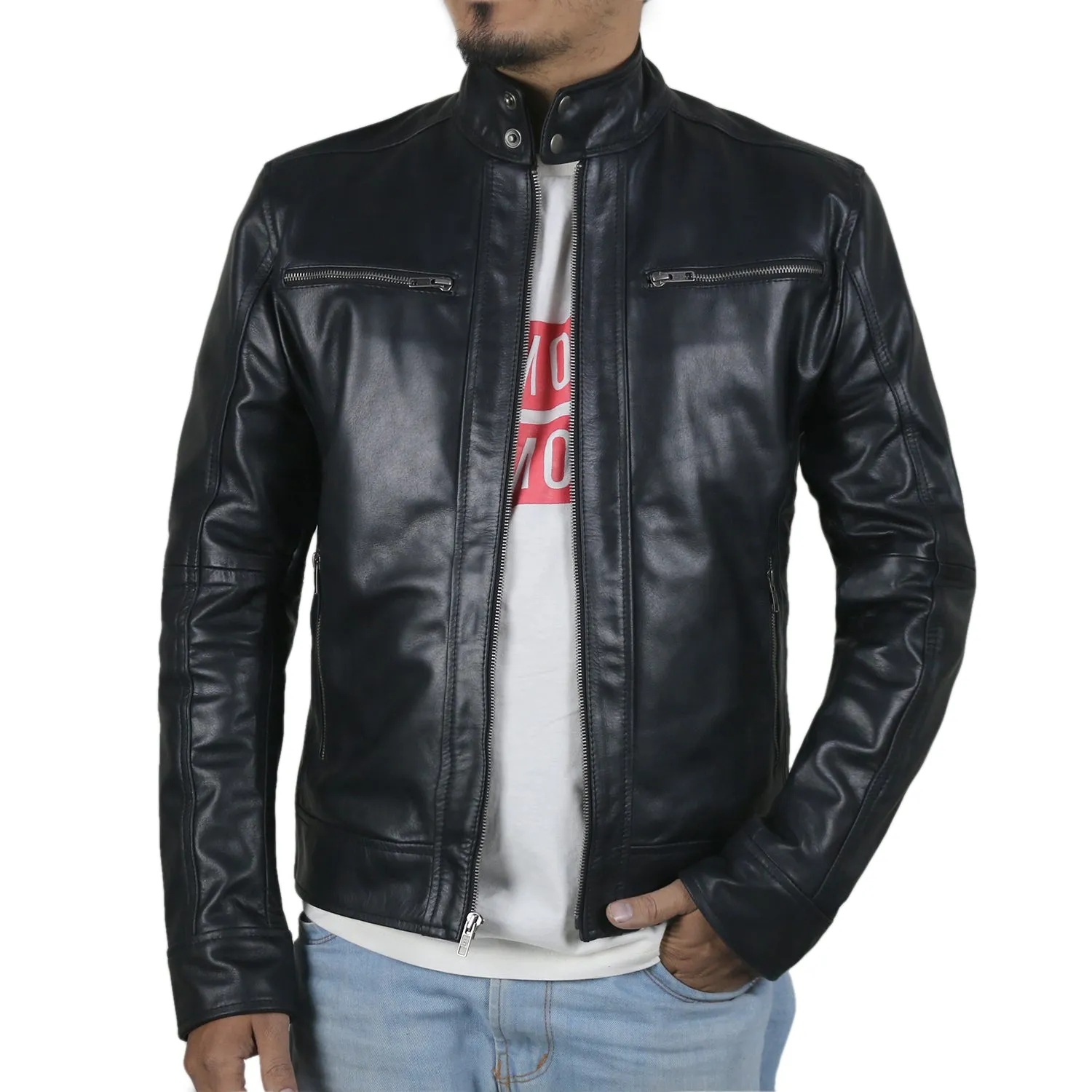 Leather Jackets Hub Mens Genuine Cowhide Leather Jacket (Black, Racer Jacket) - 1501500