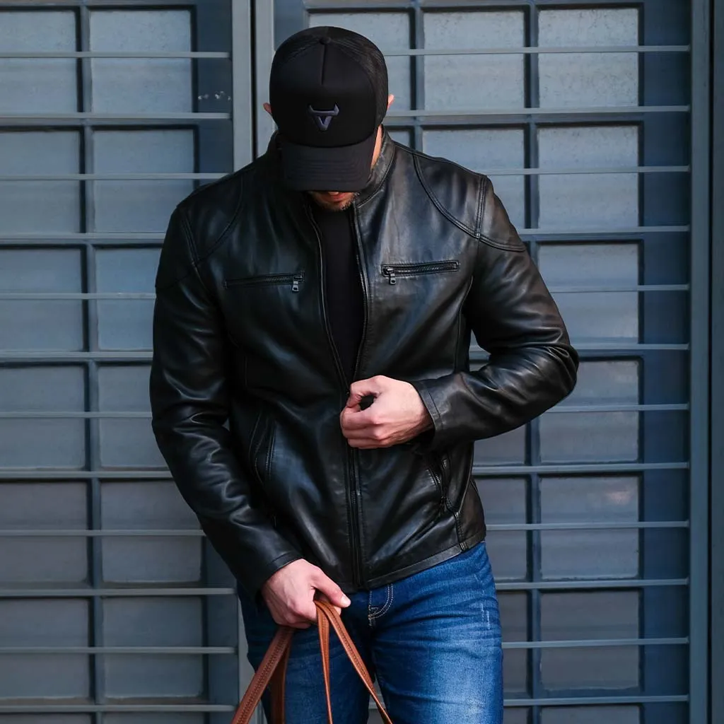 Mandarin Leather Jacket, Black