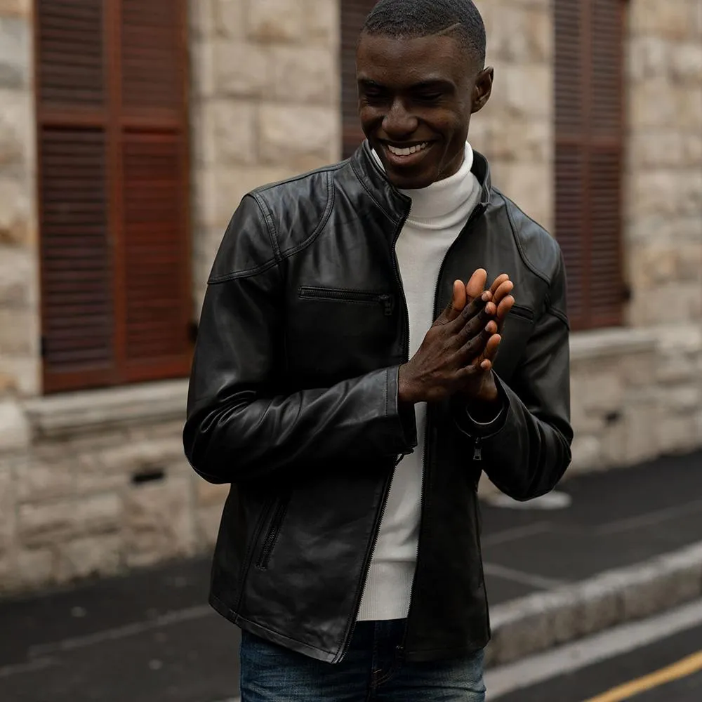 Mandarin Leather Jacket, Black