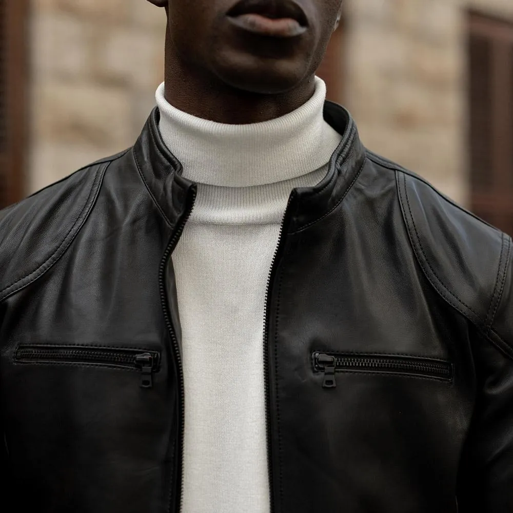 Mandarin Leather Jacket, Black