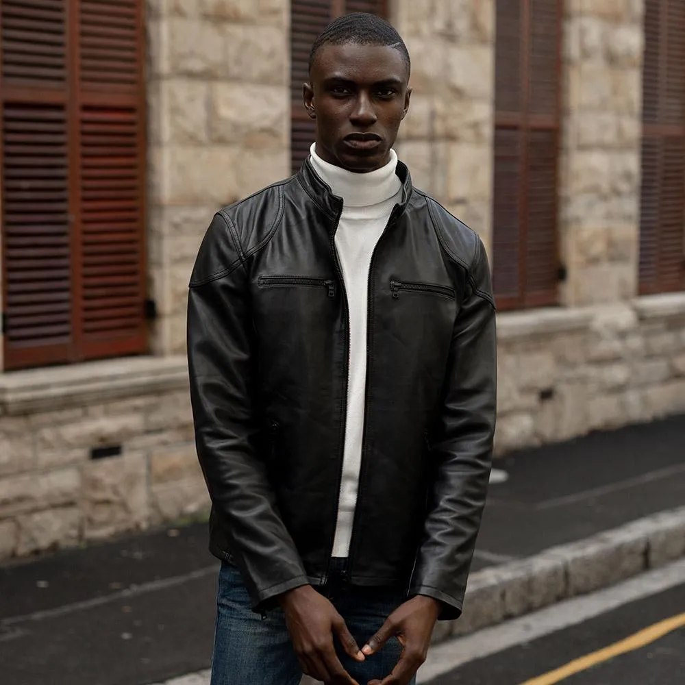 Mandarin Leather Jacket, Black