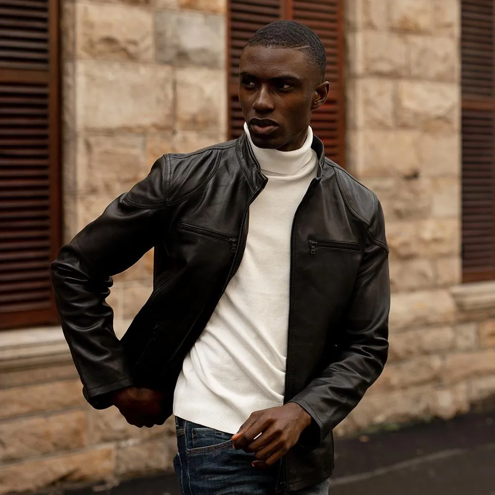 Mandarin Leather Jacket, Black
