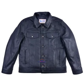 MEN TRUCKER REAL GOATSKIN CLASSIC WESTERN DENIM STYLE BLACK LEATHER JACKET