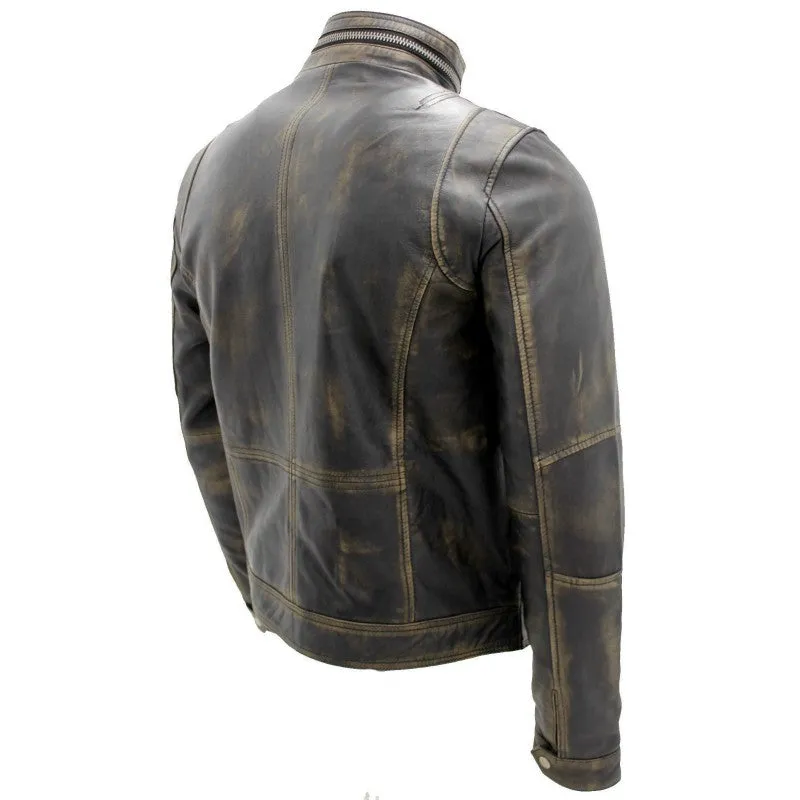 Men's Distressed Leather Bomber Jacket - LJH0079