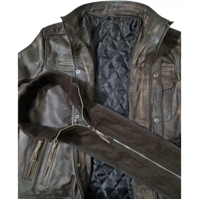 Men's Distressed Leather Bomber Jacket - LJH0079