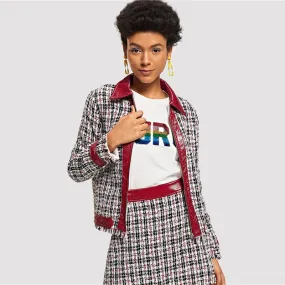 Multicolor Tweed Colorblock Frayed Edge Zip Up Jacket With Edge Sheath Skirt