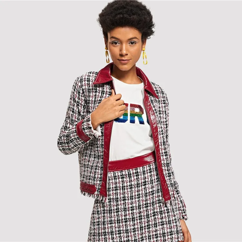 Multicolor Tweed Colorblock Frayed Edge Zip Up Jacket With Edge Sheath Skirt
