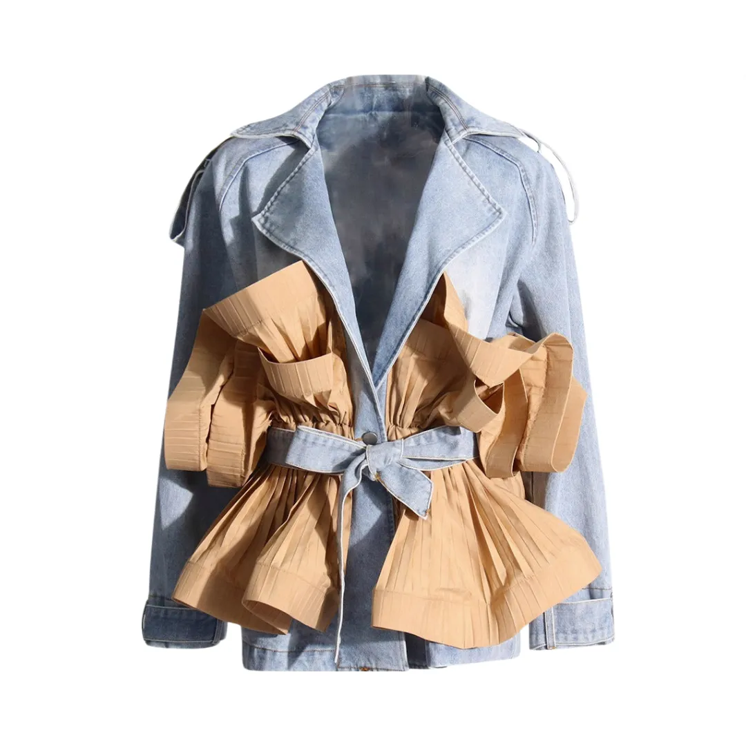 Pre Order:  Color Block Spliced Belt Ruffled Edge Denim Jacket