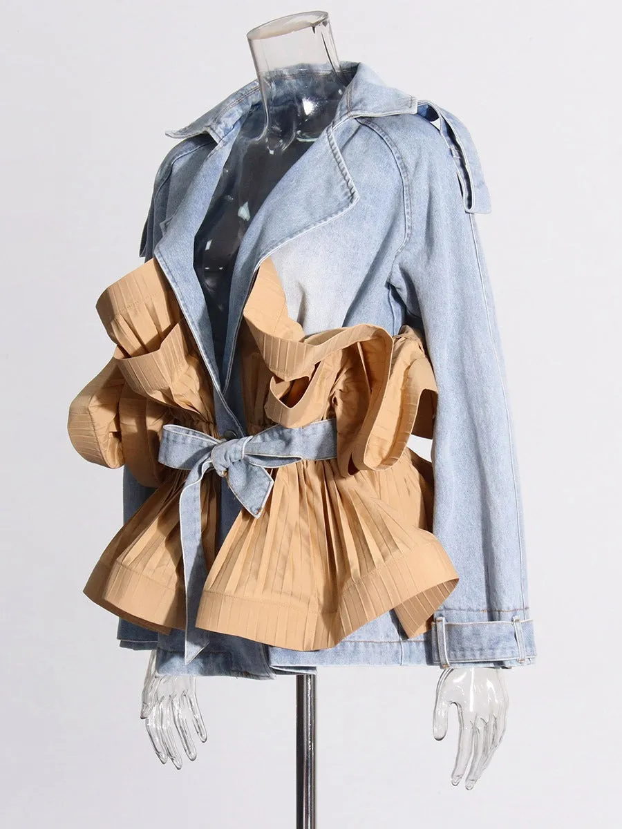 Pre Order:  Color Block Spliced Belt Ruffled Edge Denim Jacket