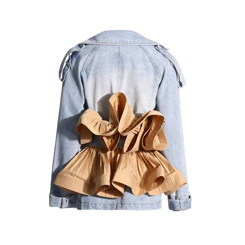 Pre Order:  Color Block Spliced Belt Ruffled Edge Denim Jacket