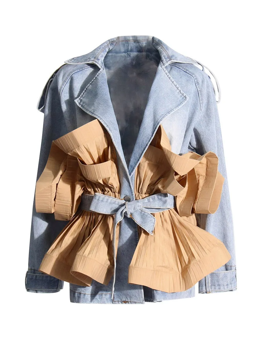 Pre Order:  Color Block Spliced Belt Ruffled Edge Denim Jacket