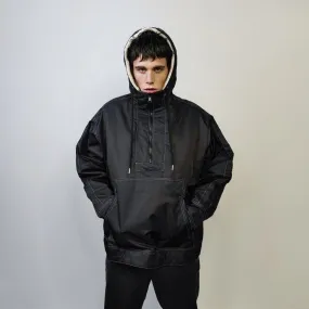 Raised neck bomber jacket fleece windbreaker hooded nylon coat half zip pullover grunge utility coat unisex premium motorcycle coat in black