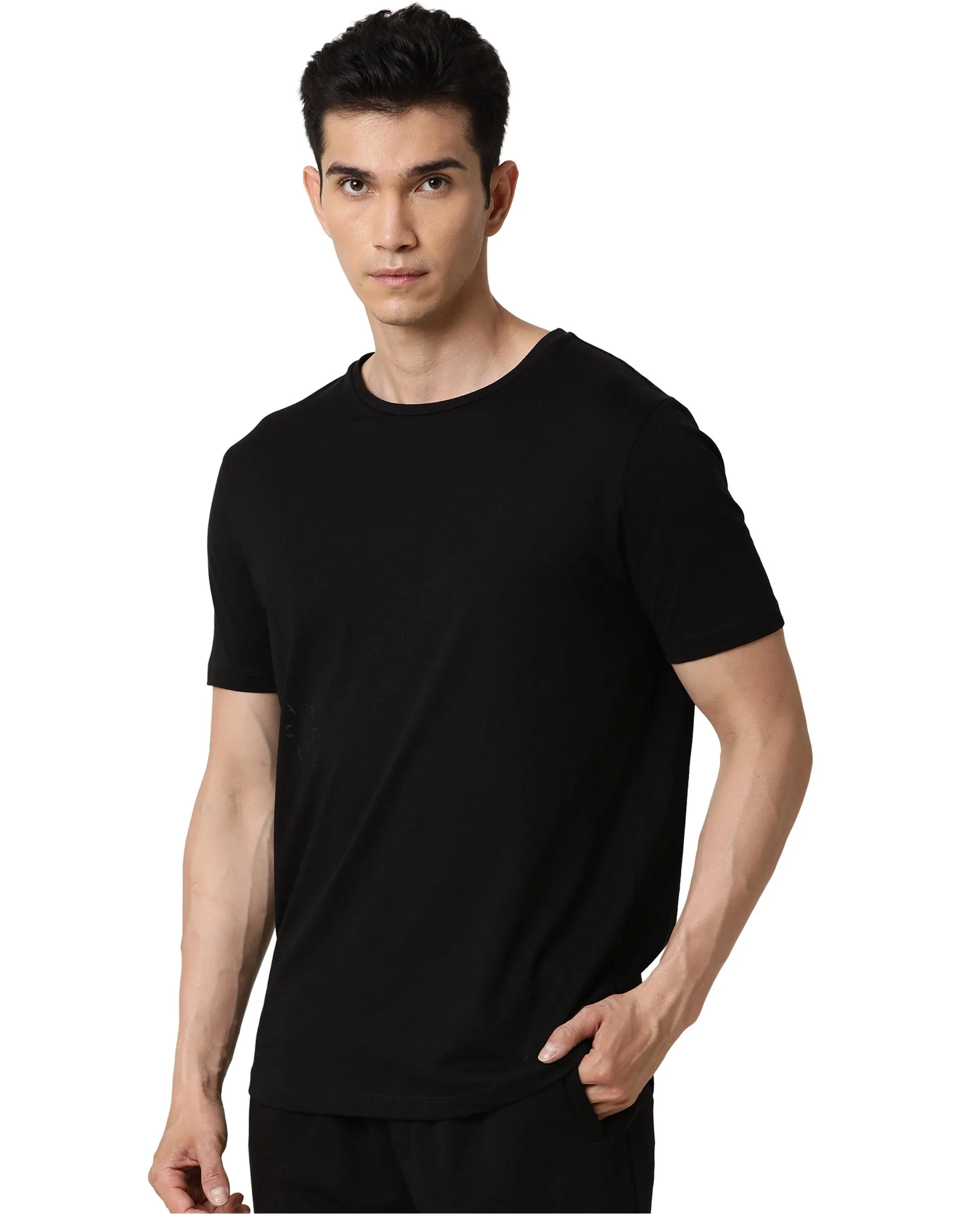 Rare Rabbit Articale Men's Caxel Double Black Crew Neck Offset Brand Print Half Sleeves T-shirt