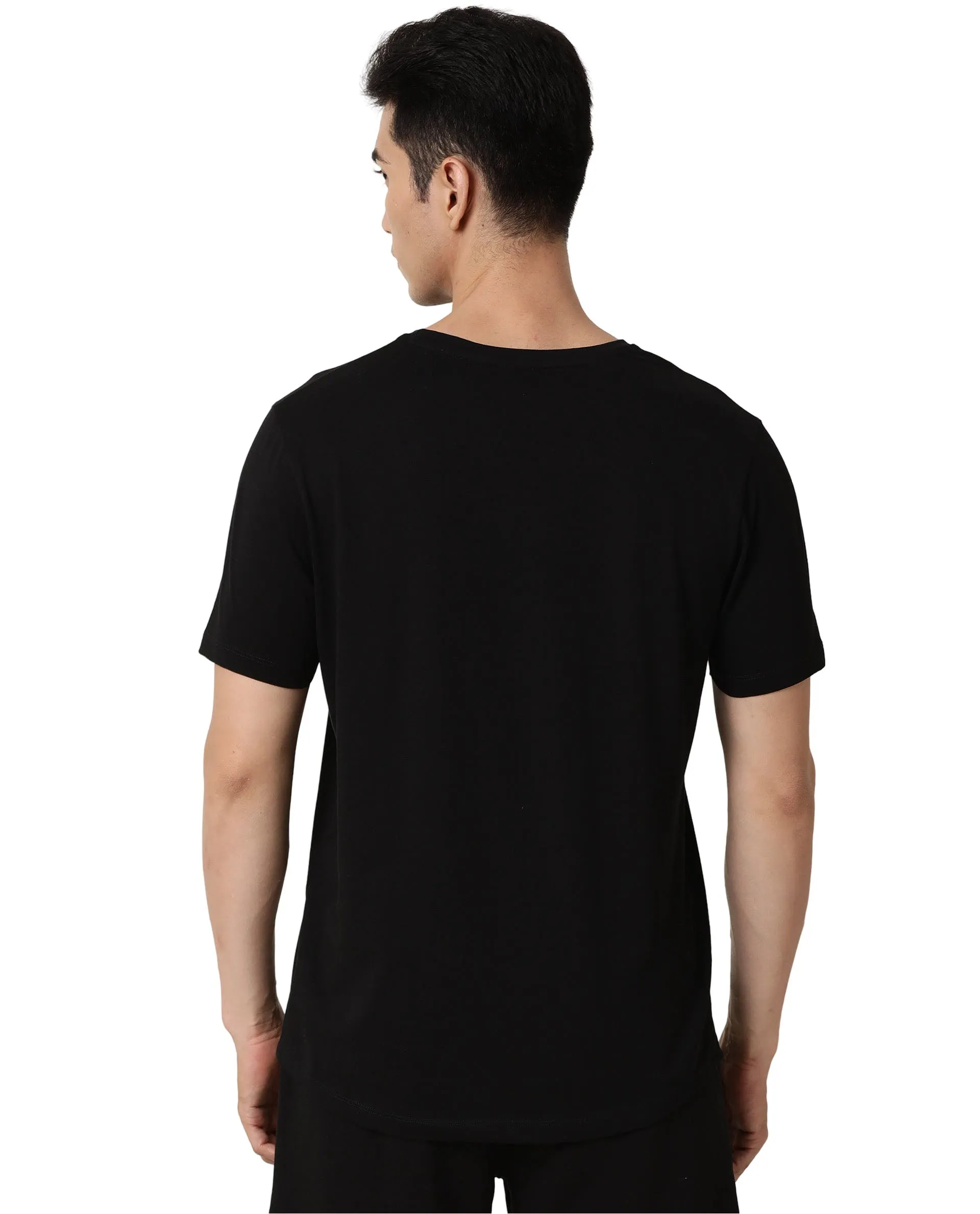 Rare Rabbit Articale Men's Caxel Double Black Crew Neck Offset Brand Print Half Sleeves T-shirt