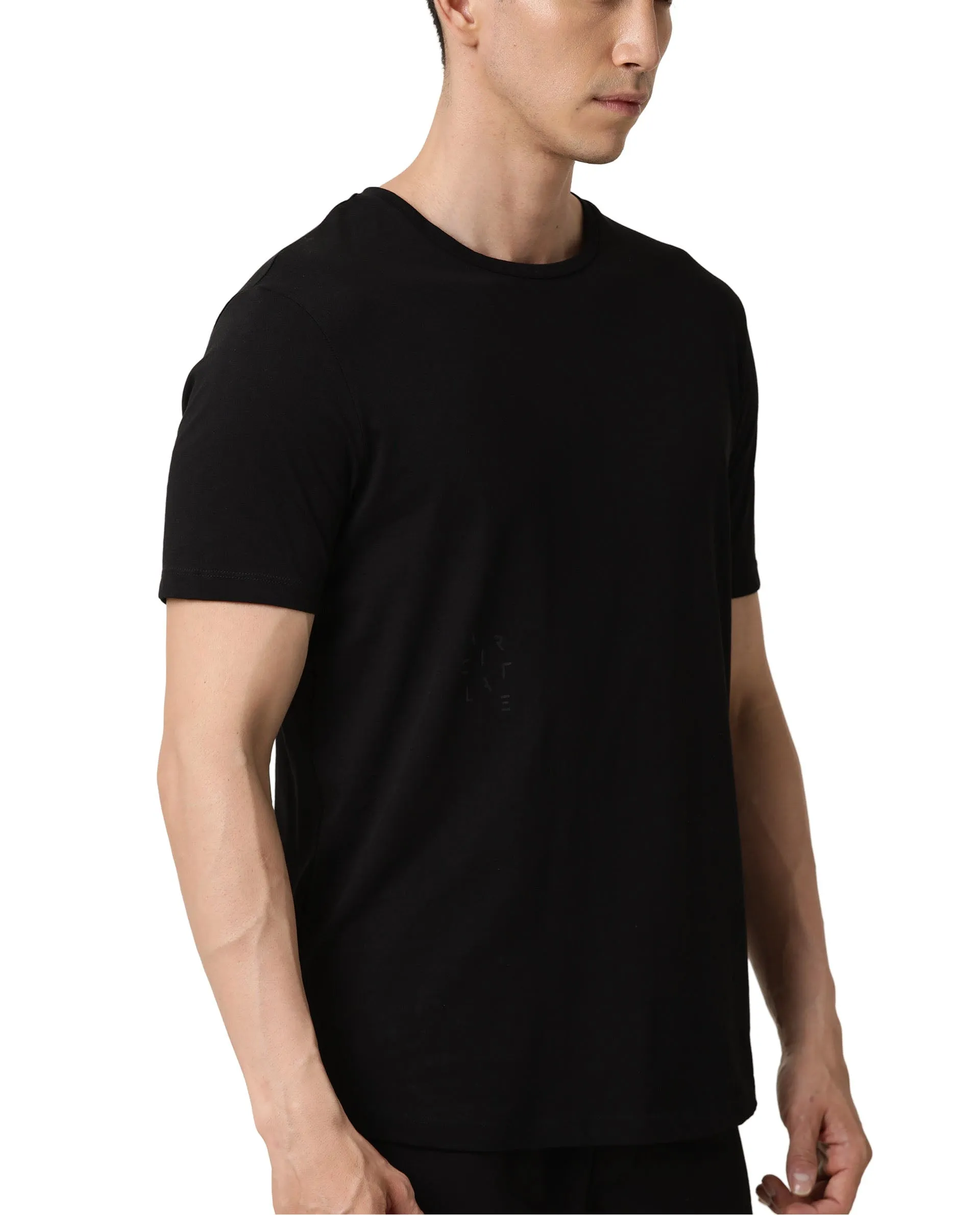 Rare Rabbit Articale Men's Caxel Double Black Crew Neck Offset Brand Print Half Sleeves T-shirt