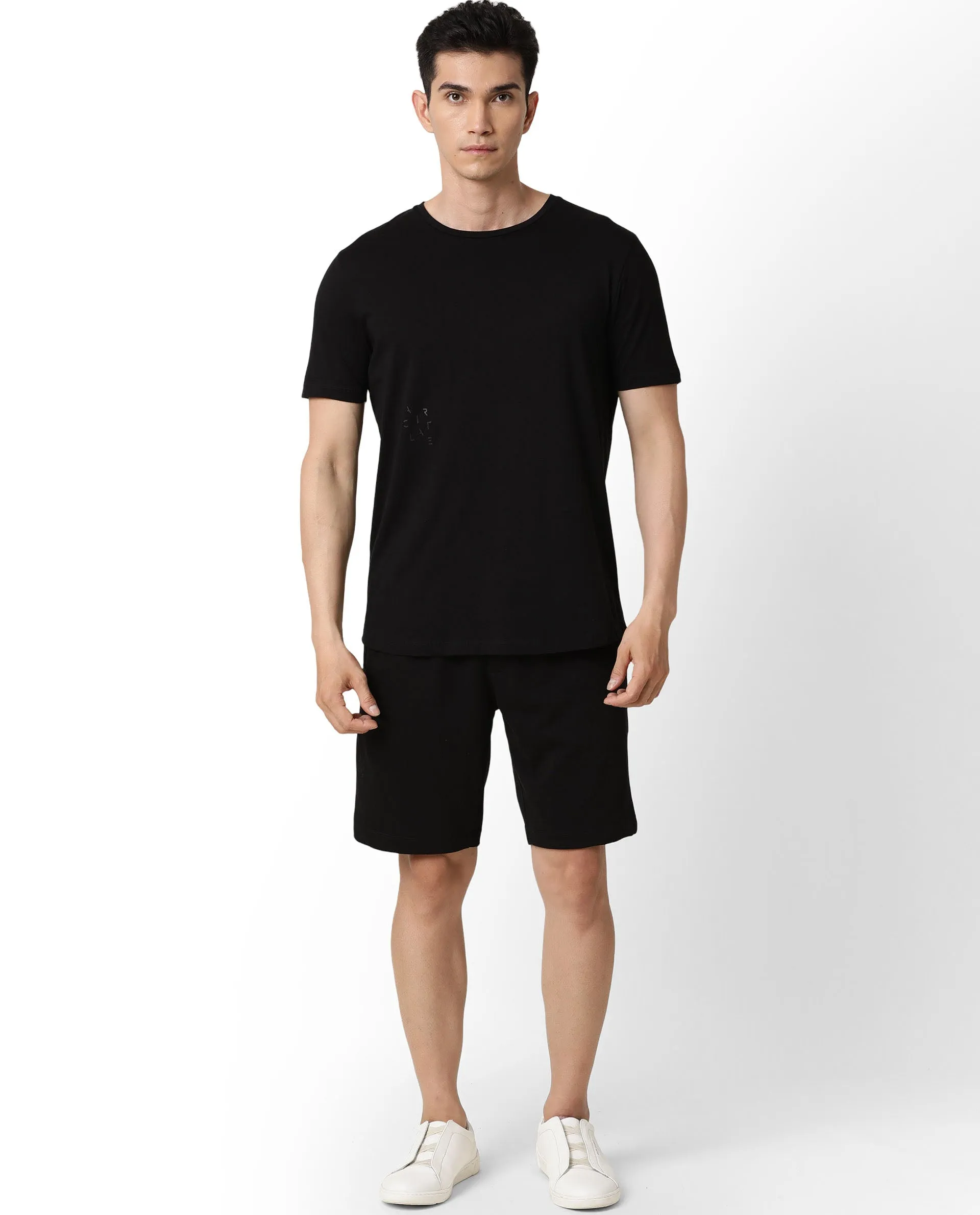 Rare Rabbit Articale Men's Caxel Double Black Crew Neck Offset Brand Print Half Sleeves T-shirt
