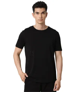 Rare Rabbit Articale Men's Caxel Double Black Crew Neck Offset Brand Print Half Sleeves T-shirt