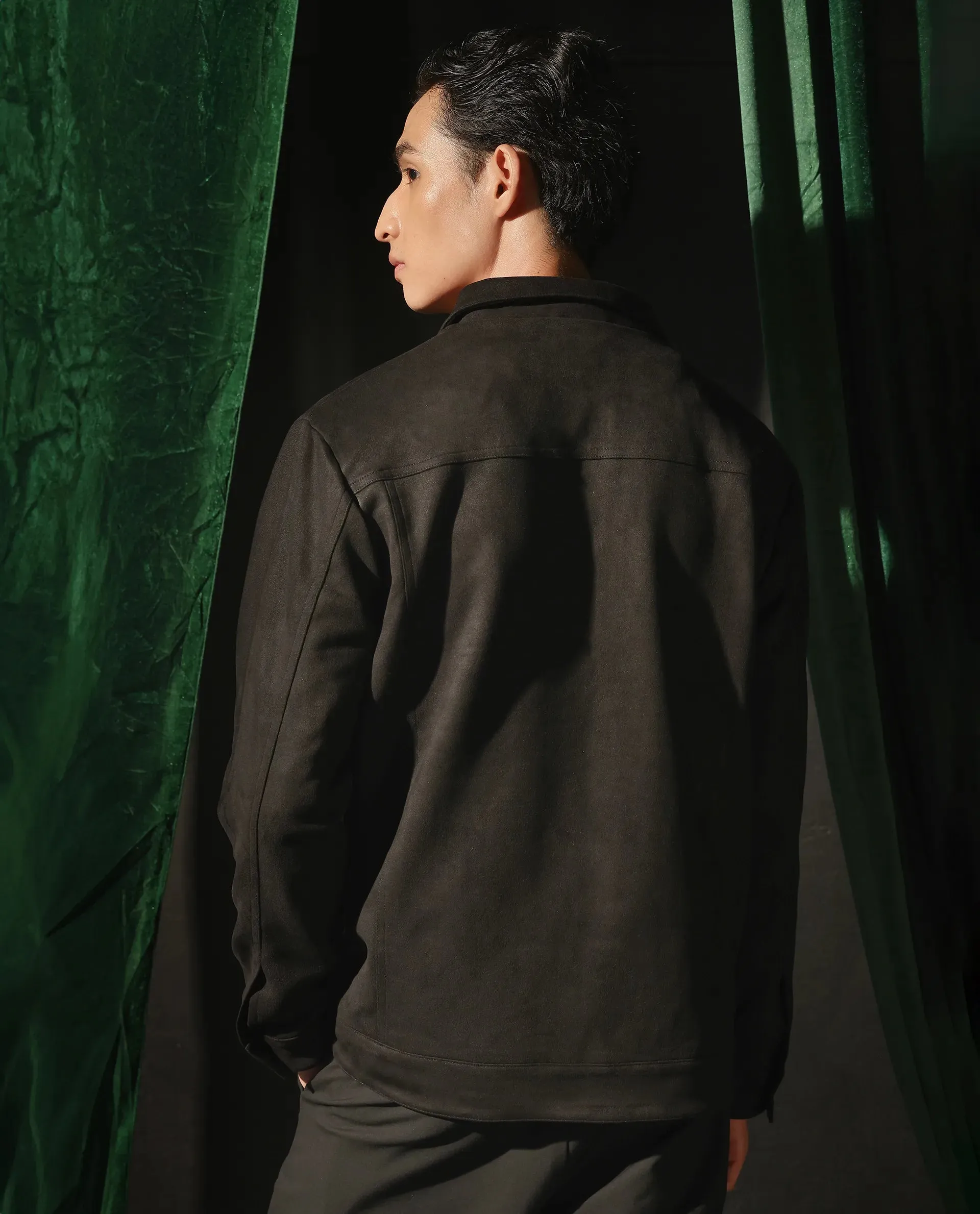Rare Rabbit Men Baxo Black Suede Fabric Full Sleeve Collared Zipper Closure Regular Fit Plain Jacket