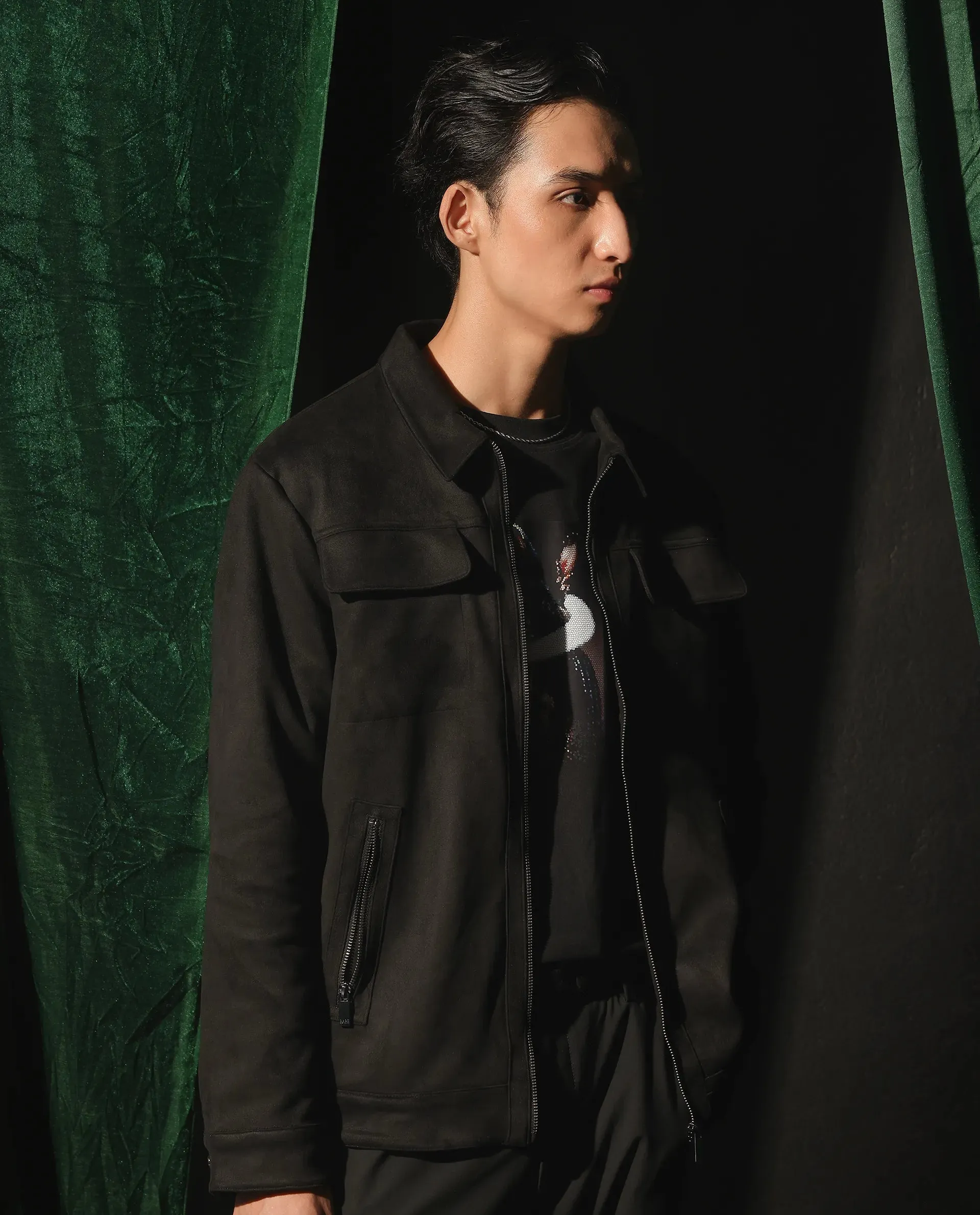 Rare Rabbit Men Baxo Black Suede Fabric Full Sleeve Collared Zipper Closure Regular Fit Plain Jacket