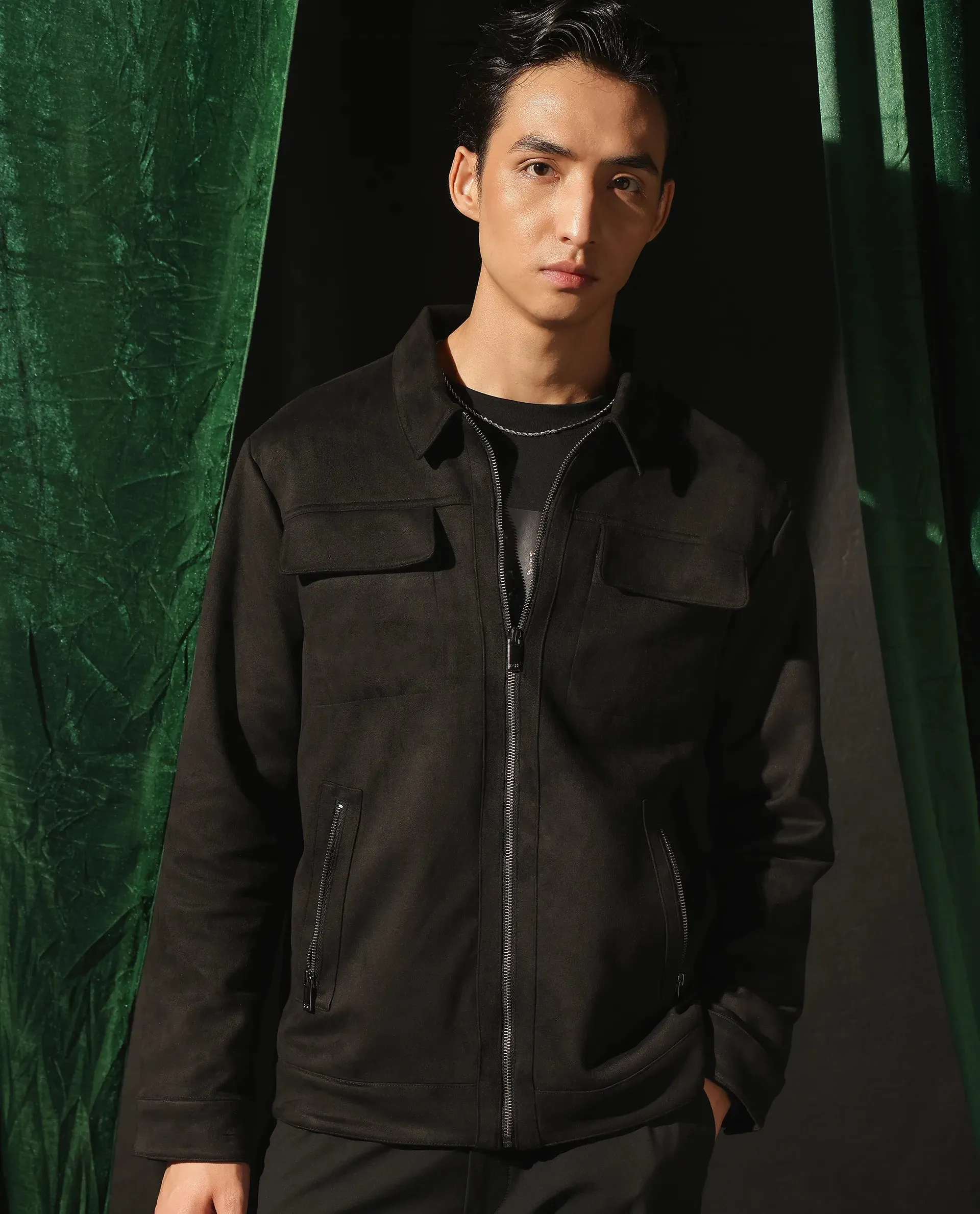Rare Rabbit Men Baxo Black Suede Fabric Full Sleeve Collared Zipper Closure Regular Fit Plain Jacket