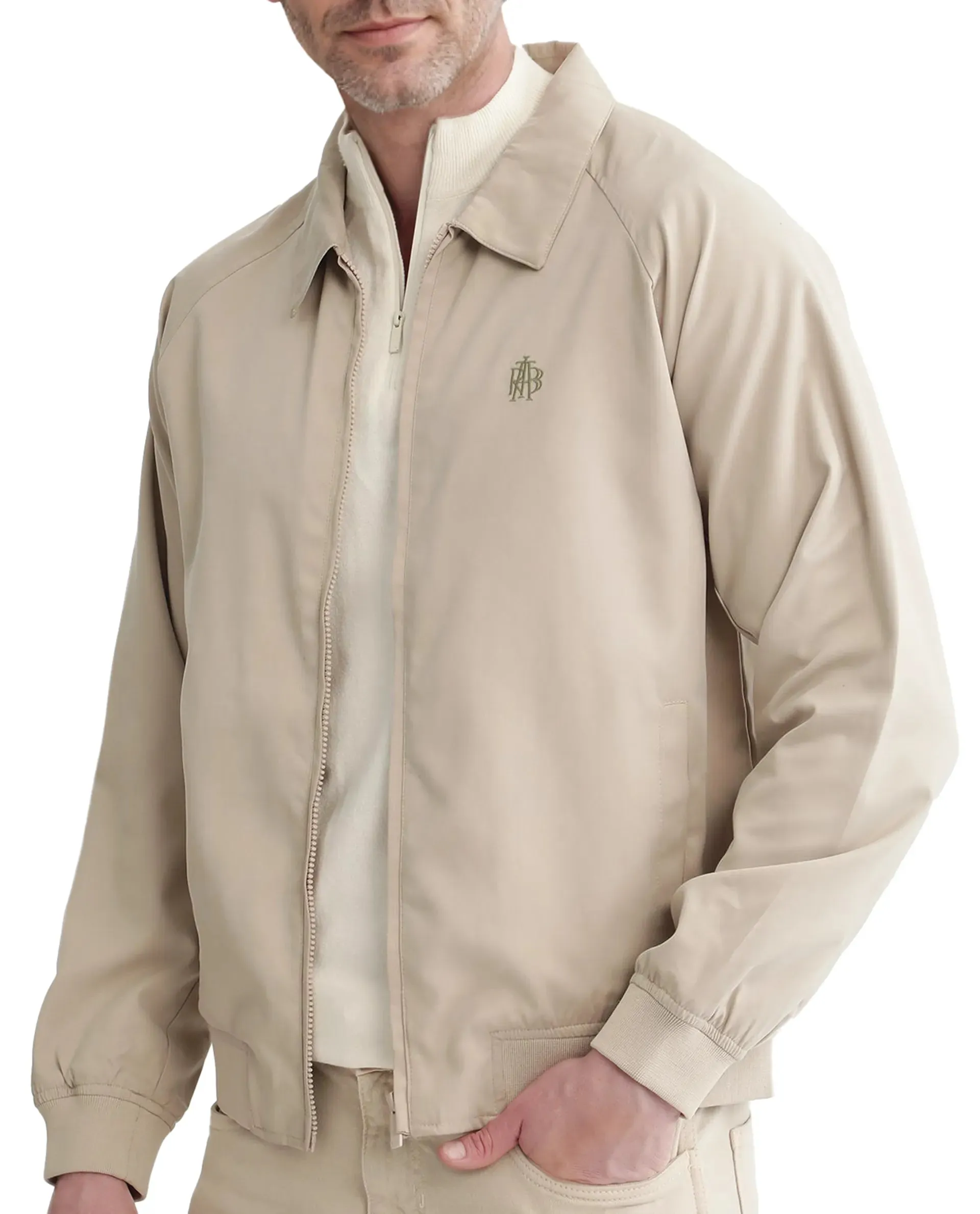 Rare Rabbit Men Clayon Beige Polyester Fabric Full Sleeve Embroidered Logo Spread Collar Solid Jacket