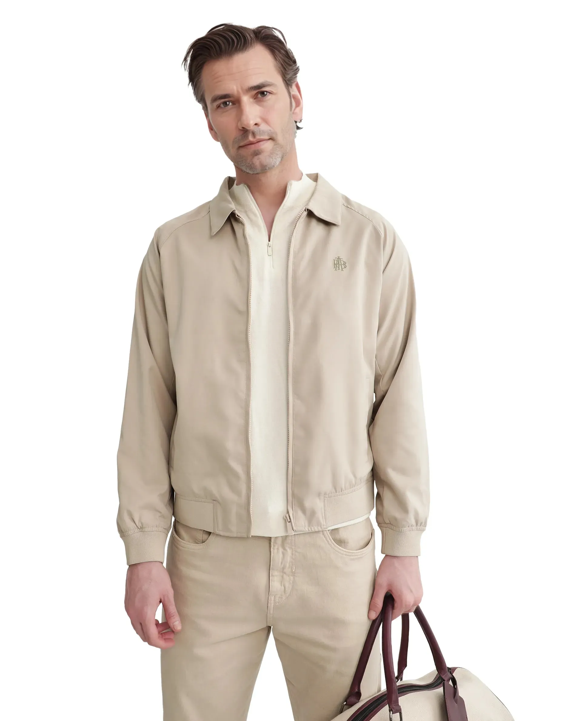 Rare Rabbit Men Clayon Beige Polyester Fabric Full Sleeve Embroidered Logo Spread Collar Solid Jacket
