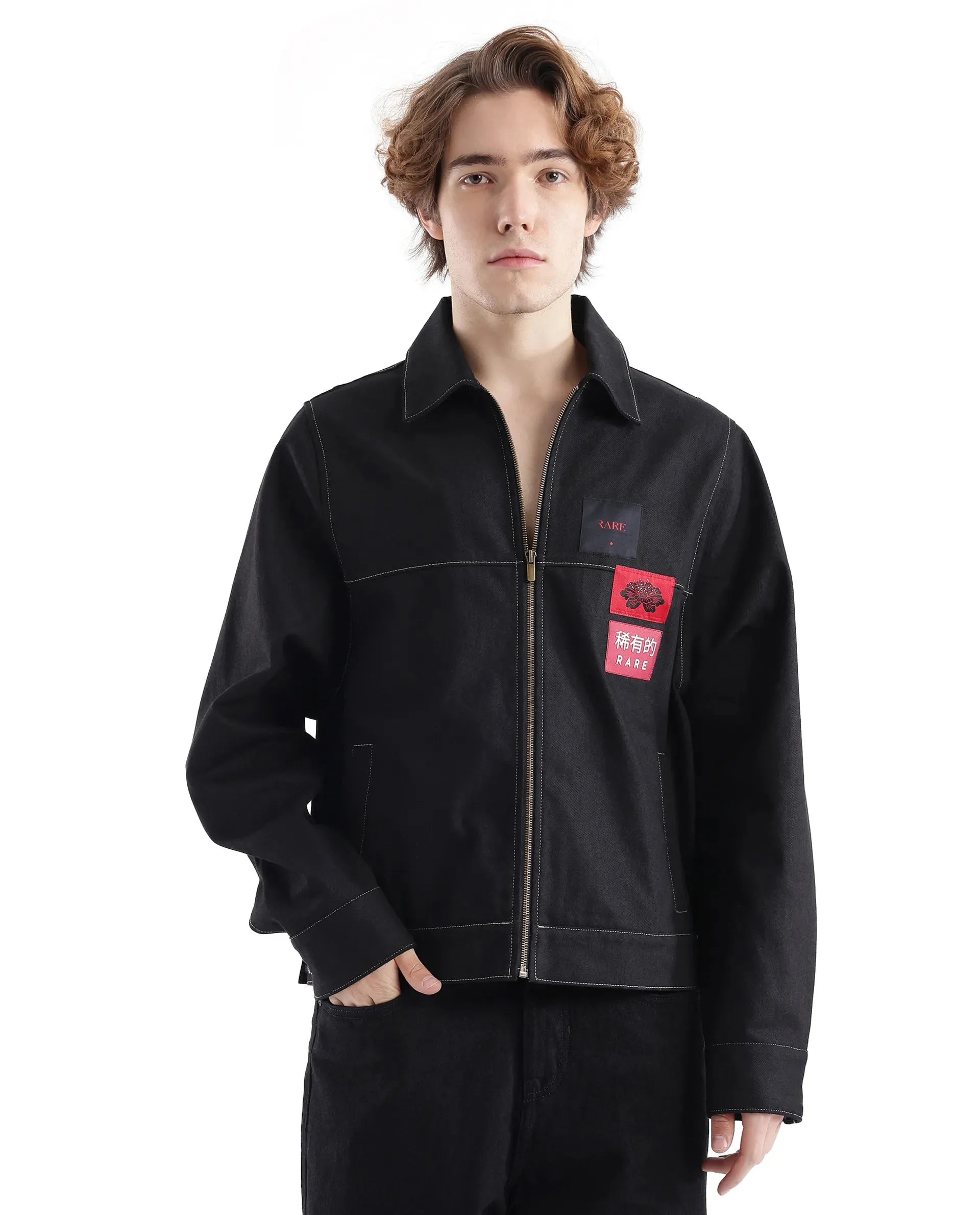 Rare Rabbit Men Clovix Black Cotton Fabric Collared Neck Jacket
