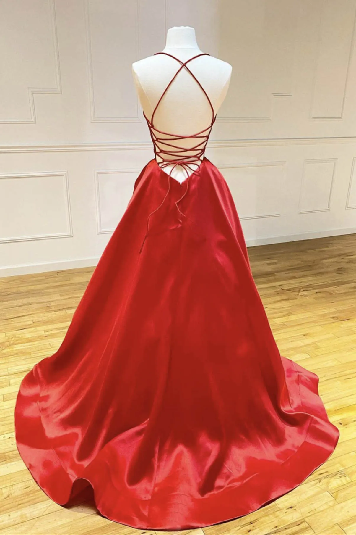Red Satin Long Prom Dress, Simple A-Line Backless Evening Dress