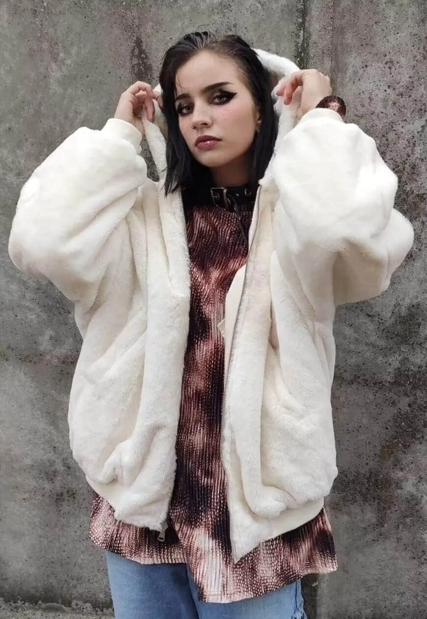 Reversible fleece MA-1 jacket faux fur hood bomber cream