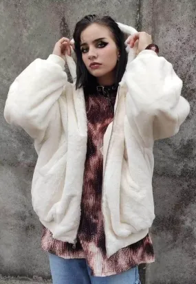Reversible fleece MA-1 jacket faux fur hood bomber cream