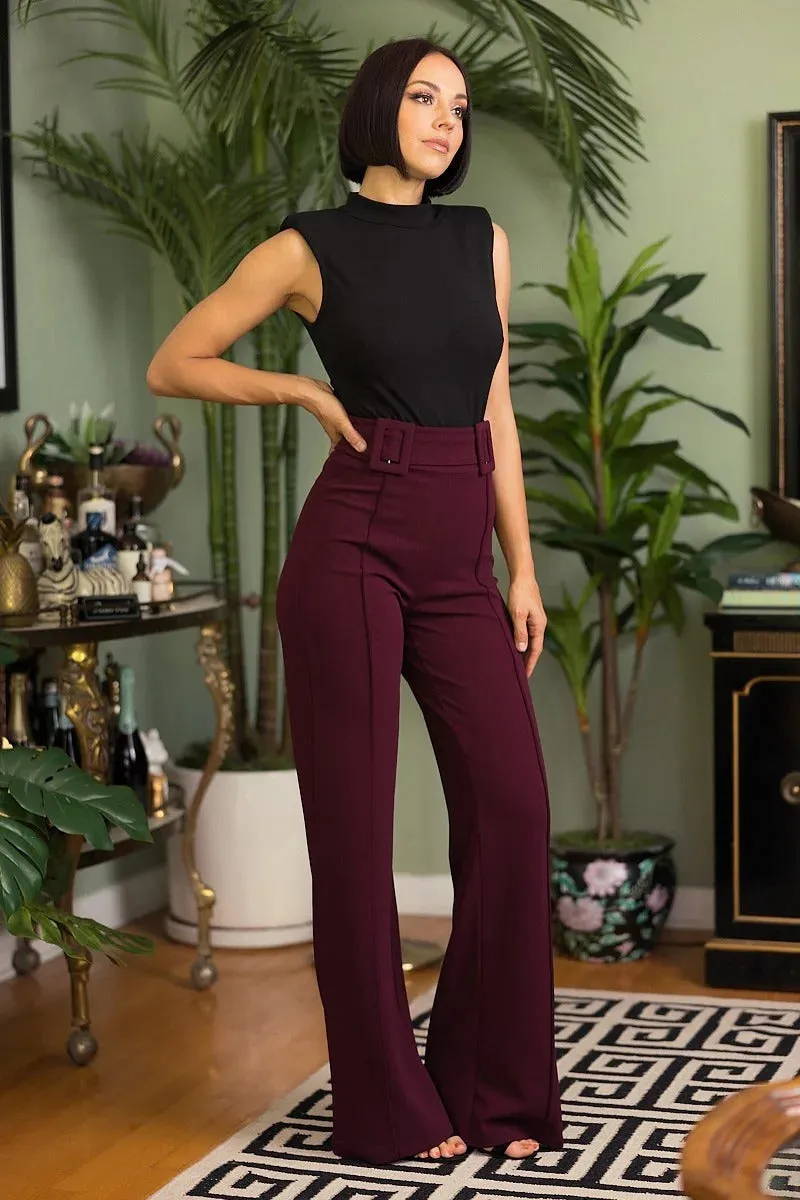 Womens High Waist Pants With Self Fabric Buckle Detail On The Waist (Wine)