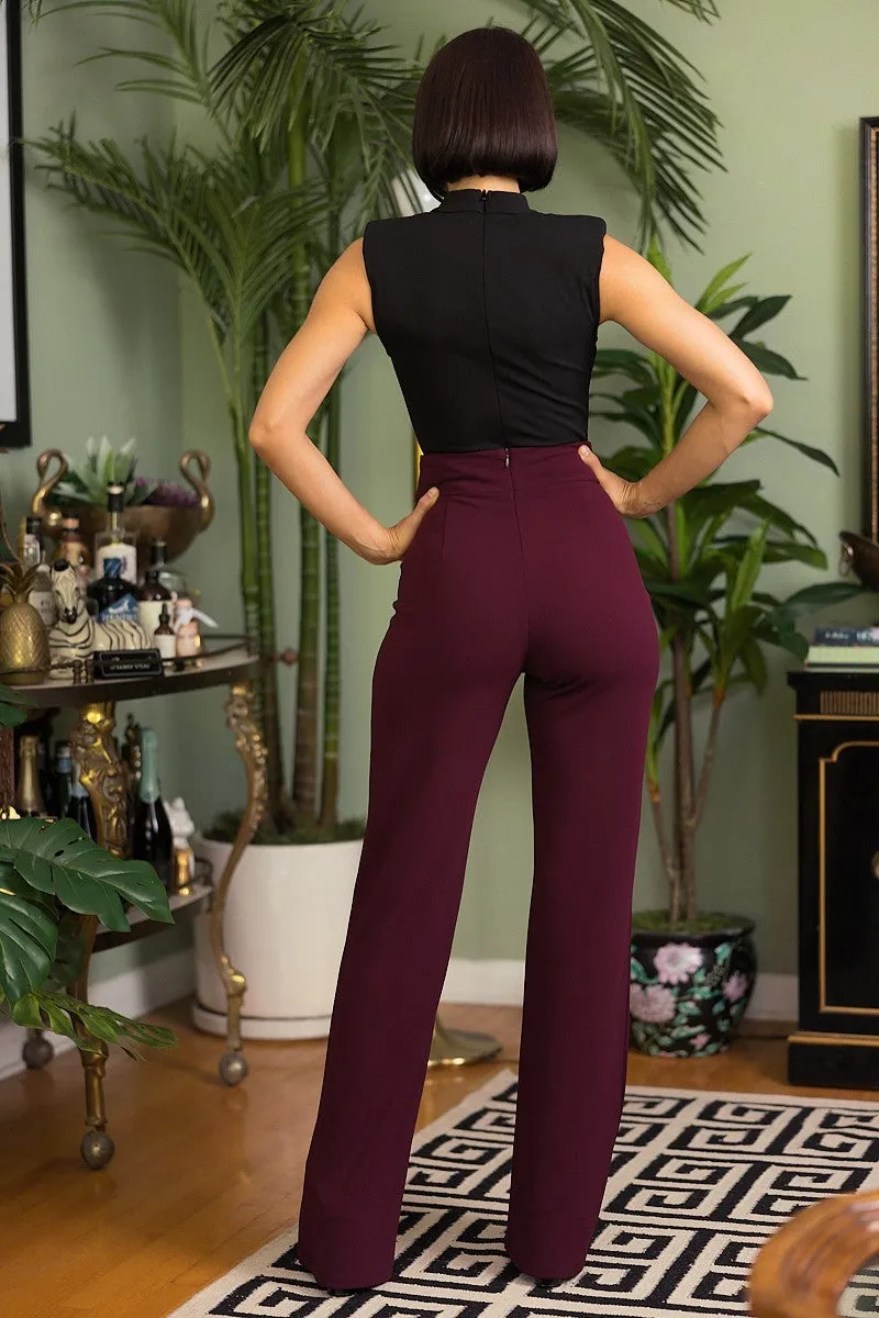 Womens High Waist Pants With Self Fabric Buckle Detail On The Waist (Wine)