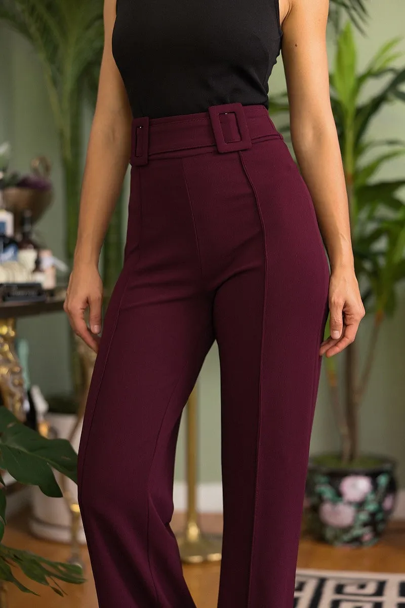 Womens High Waist Pants With Self Fabric Buckle Detail On The Waist (Wine)