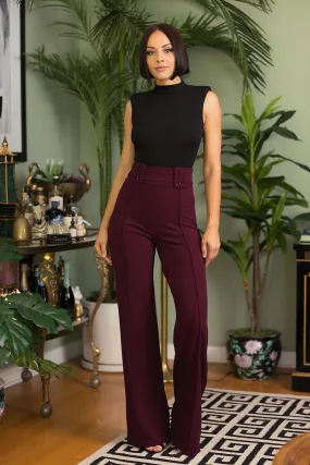 Womens High Waist Pants With Self Fabric Buckle Detail On The Waist (Wine)